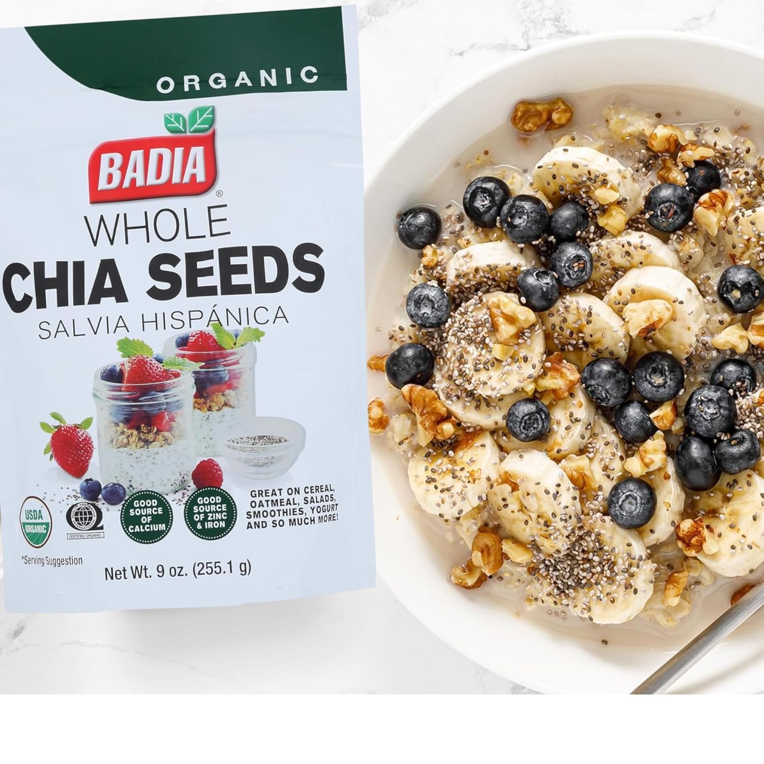 Badia Organic Whole Chia Seeds, 9 oz - Rich in Fiber, Protein, and Omega-3 - Perfect for Smoothies, Baking, Yogurt & Healthy Recipes