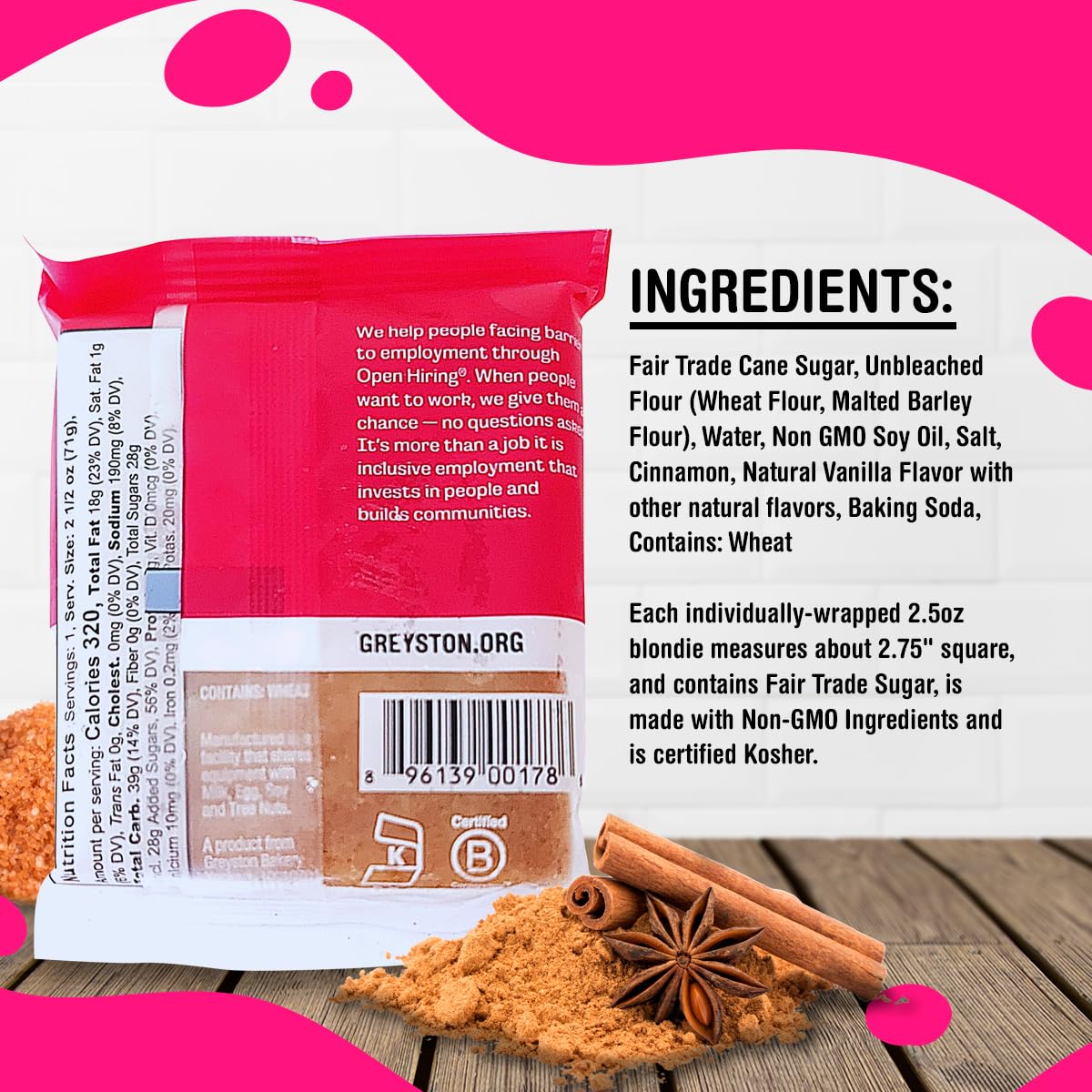 Greyston Bakery Cinnamon Roll Vegan Blondie - Gourmet Food Gift - Preservative Free Certified Kosher - 1 unit Individually Wrapped 2.5 oz