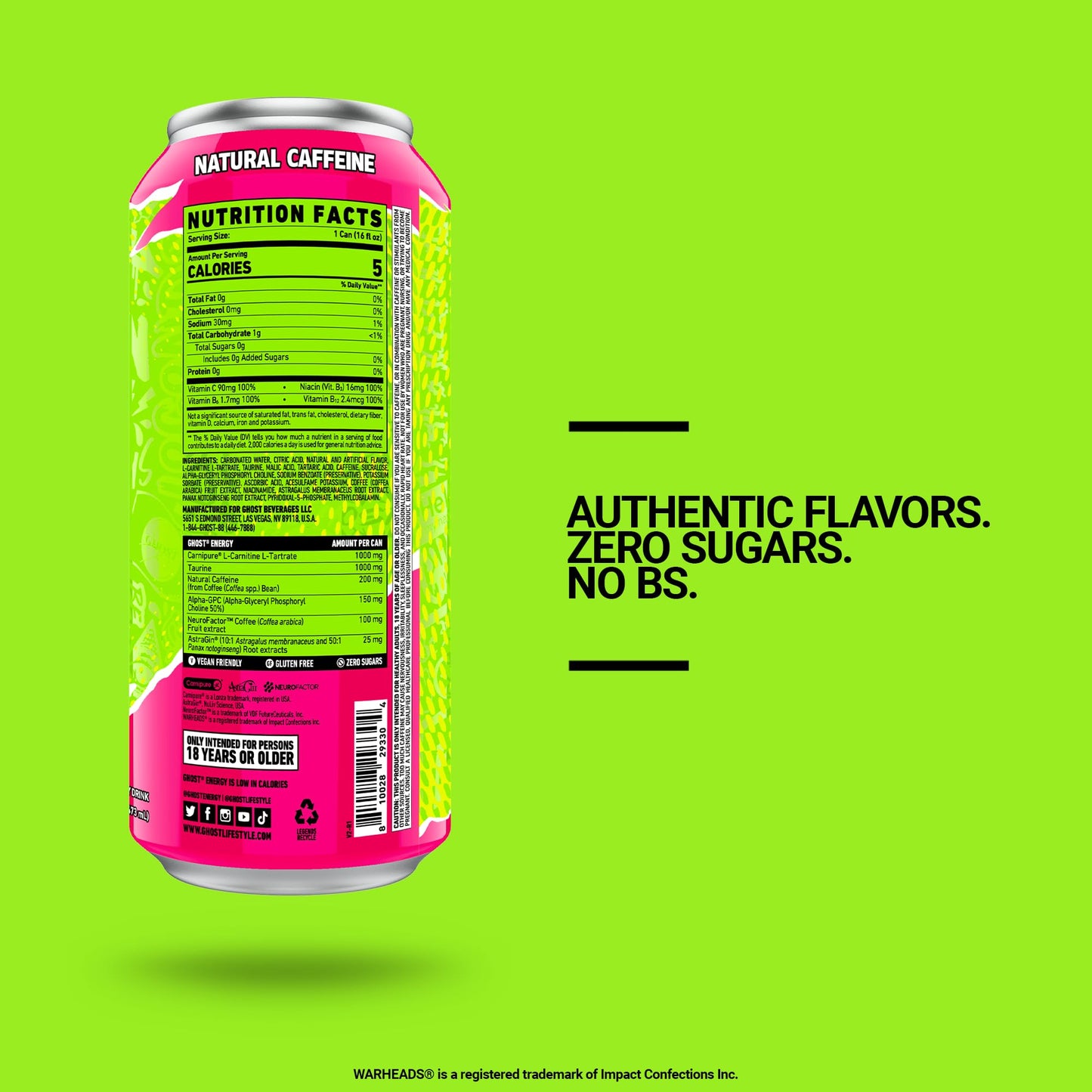 GHOST Energy Drink - 12-Pack, Warheads Sour Watermelon, 16oz - Energy & Focus & No Artificial Colors - 200mg of Natural Caffeine, L-Carnitine