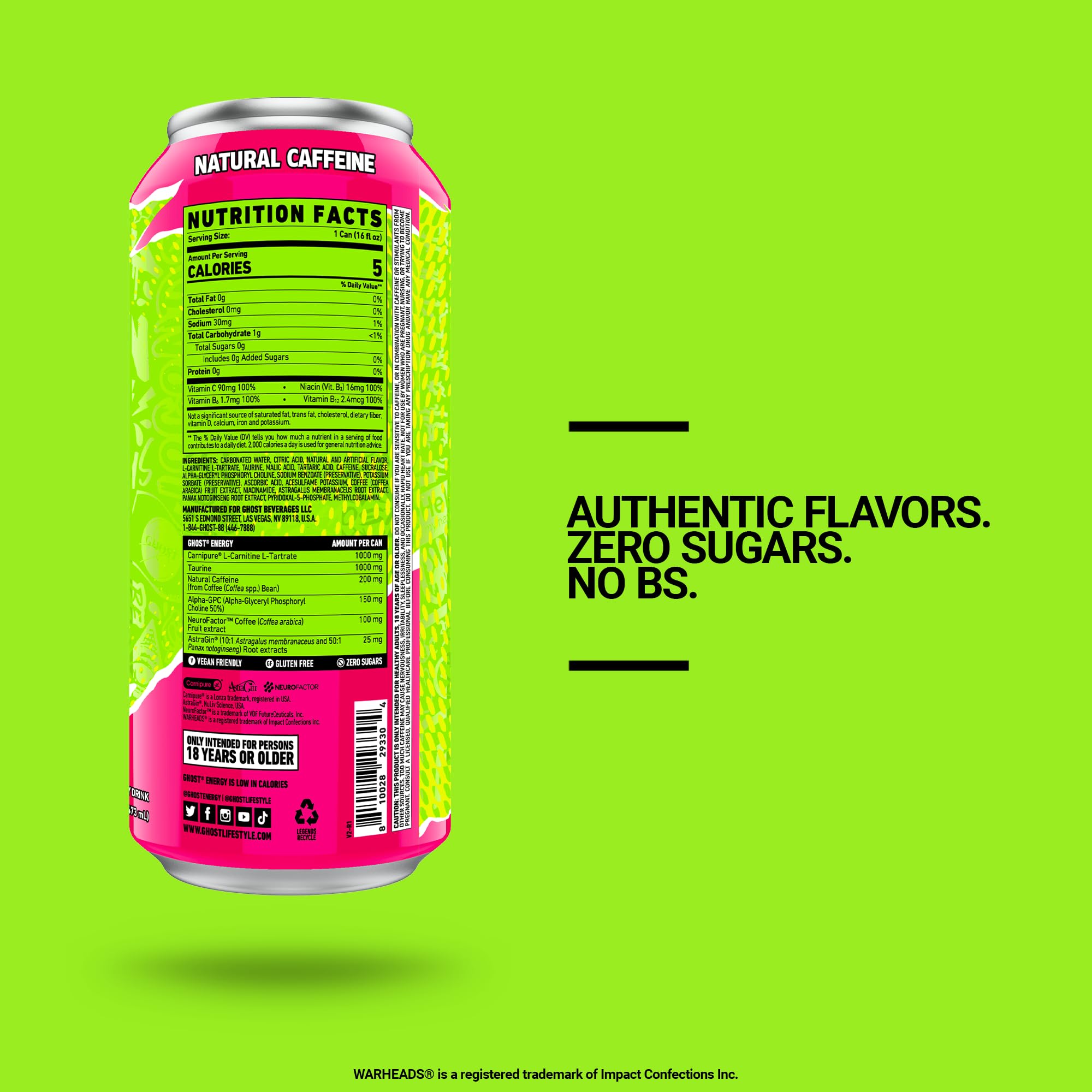 GHOST Energy Drink - 12-Pack, Warheads Sour Watermelon, 16oz - Energy & Focus & No Artificial Colors - 200mg of Natural Caffeine, L-Carnitine