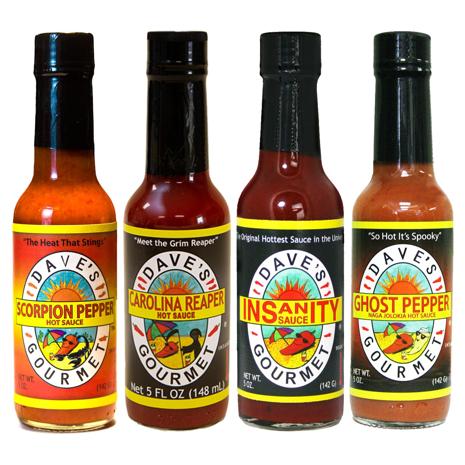 Dave’s Gourmet Insanity Super Hot Sauce Variety 4-Pack - Carolina Reaper, Ghost Pepper, Scorpion & Insanity - Extreme Heat, Bold Flavor - Vegan