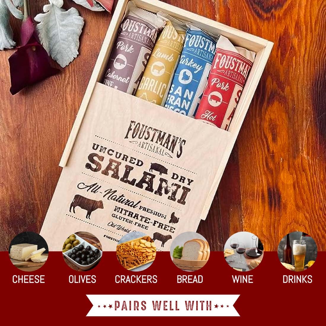 Foustman's Salami Wooden Gift Box, Artisan, Nitrate-Free, Naturally Cured, Flavors - San Francisco Style Pork, Cabernet Wine, Beef, and Pepperoni