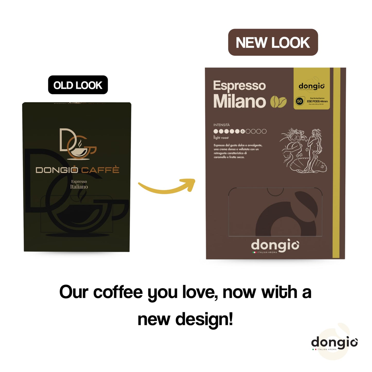 Dongio Caffe Milano Light Roast ESE 44mm Coffee Pods - 50 Count | Italian Espresso Pods, Intensity 6/10, Smooth Aroma, Rich Crema, Roasted in Italy