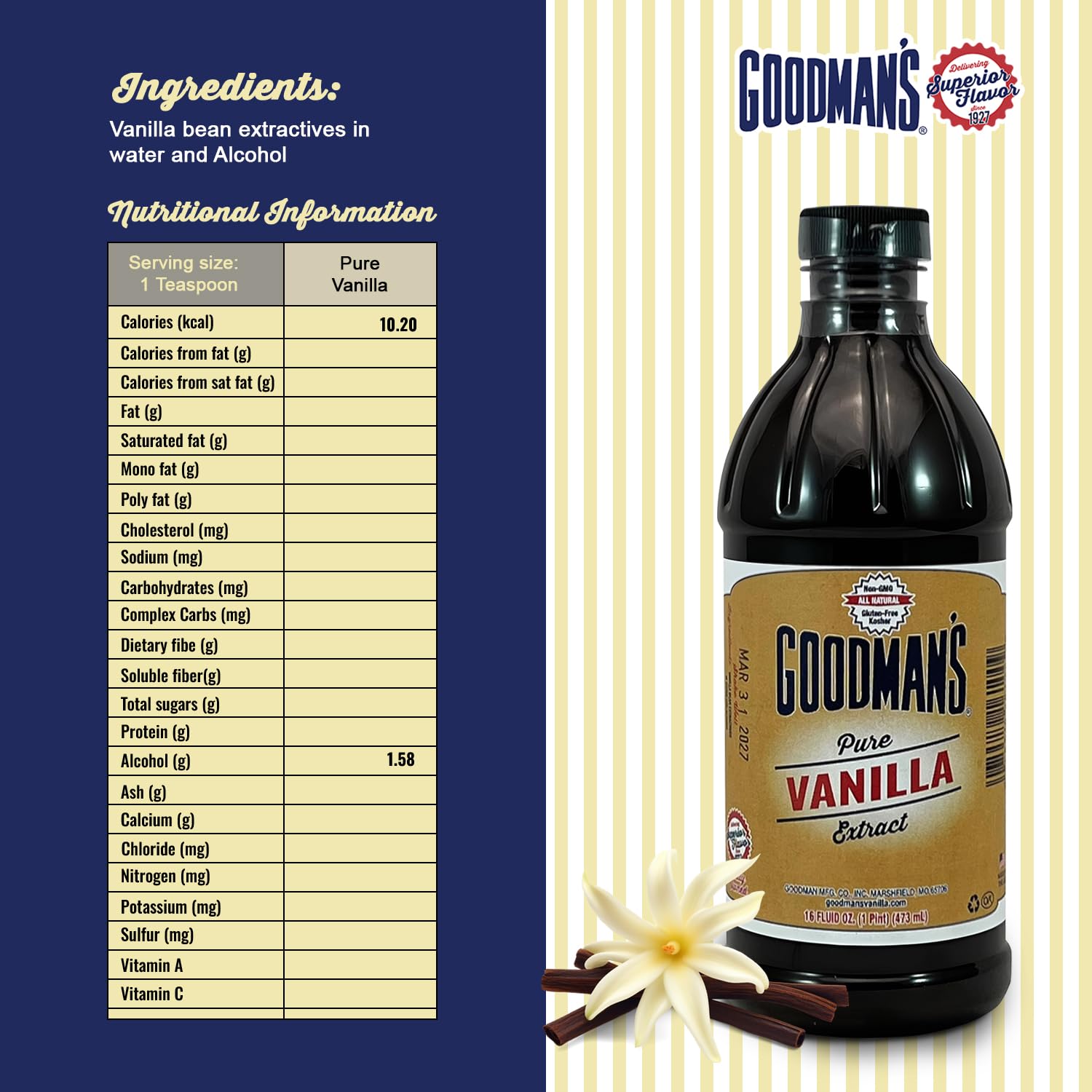 Goodman's Pure Vanilla Extract - Gluten-Free, Non-GMO, Kosher, Low Carb & Low Calorie - Madagascar Bourbon Vanilla Extract Ideal for Baking, Cooking