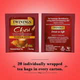 Twinings Pumpkin Spice Chai Tea, Caffeinated Black Tea Naturally Flavored with Aromatic Spices and Ginger, Tea Bags Individually Wrapped, 20 Count Ea