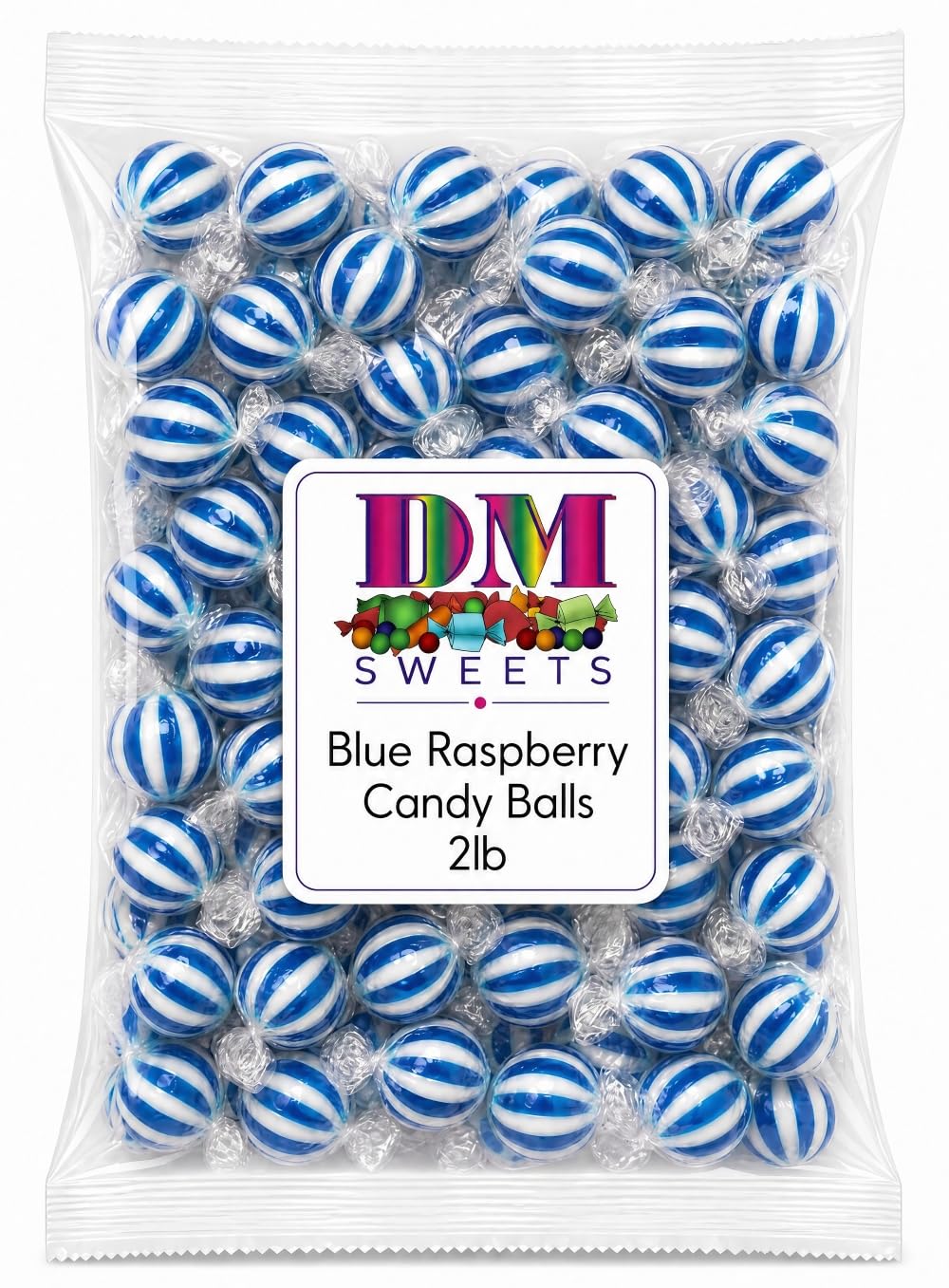 Jumbo Blue Raspberry Striped Candy Balls - 2 lbs of Fresh Individually Wrapped Blue White Sweet Hard Candy Suckers