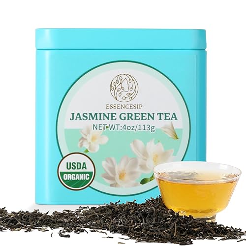 Essencesip Organic Jasmine Green Tea Loose Leaf, 4oz Tin - Scented 5x with 6,000 Fresh Jasmine Blossoms, Low Caffeine, Antioxidant-Rich