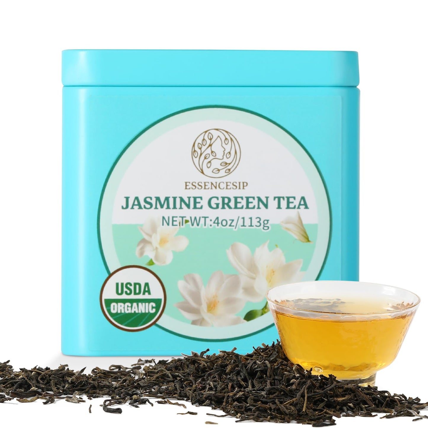 Essencesip Organic Jasmine Green Tea Loose Leaf, 4oz Tin - Scented 5x with 6,000 Fresh Jasmine Blossoms, Low Caffeine, Antioxidant-Rich