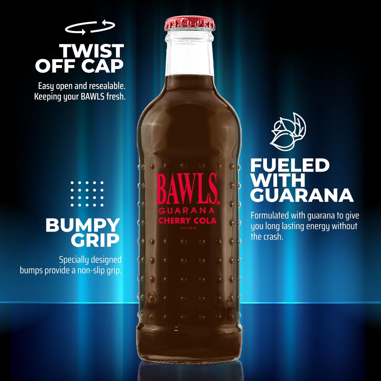 BAWLS Guarana Cherry Cola, BAWLS Guarana Drink, Guarana Soda, Guarana Fueled Soda for Energy, High Energy Caffeinated Drink, 10oz 12 Pack Glass