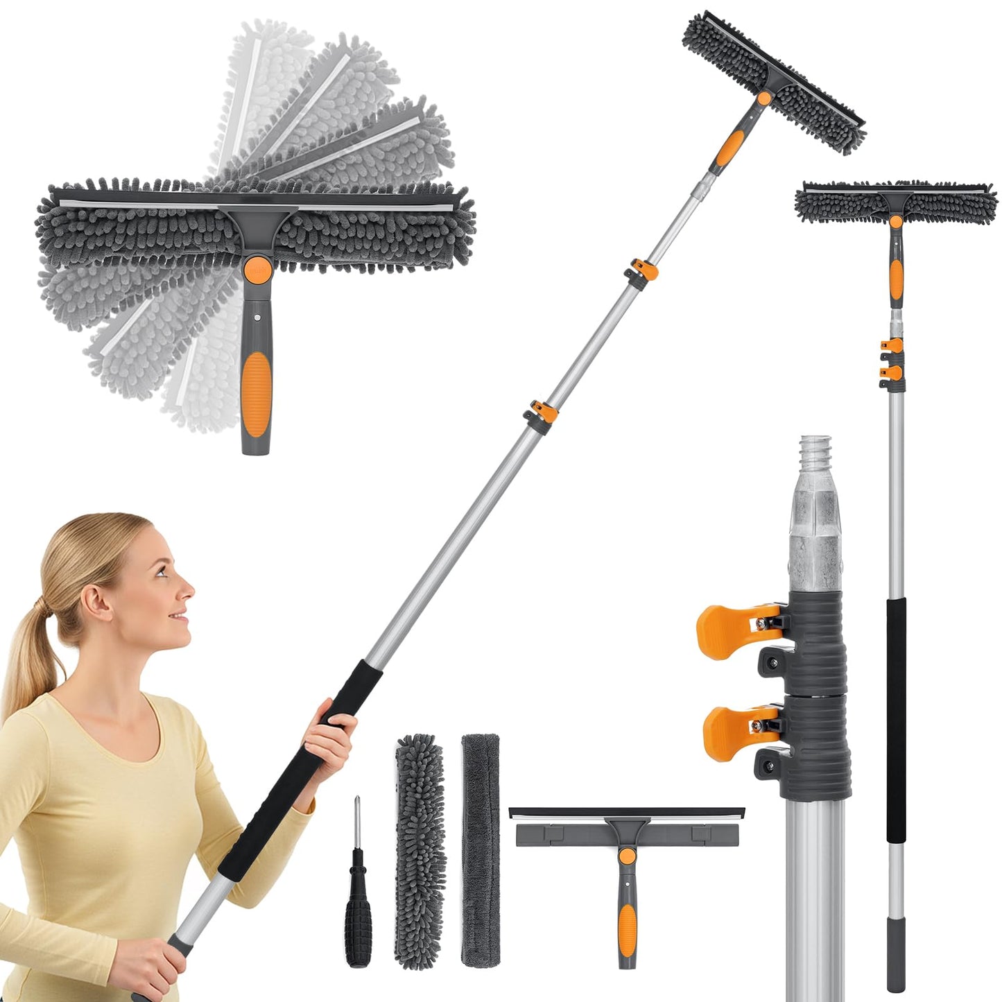 20FT Reach Window Squeegee with 5-13 FT Extension Poles, Extra-Large 14" Window Squeegee Window Cleaning Kit with Telescopic Pole,Window Cleaner Tool