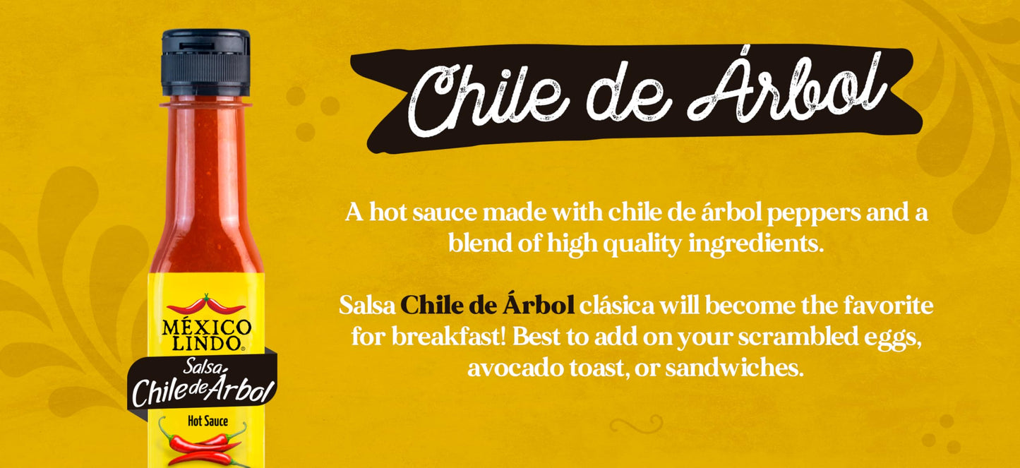 Mexico Lindo Chile de Arbol Hot Sauce Ingredients | 12,190 Scoville Level | Classic Flavor | 5 Fl Oz Bottles (Pack of 12)