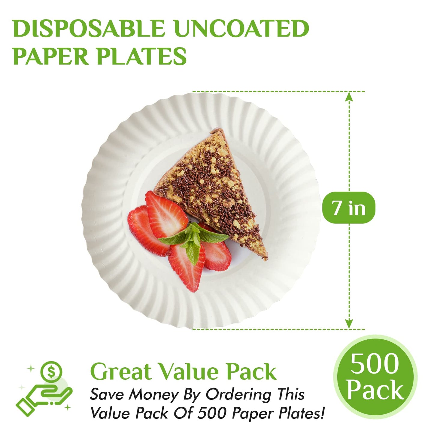 FOCUSLINE 7 Inch White Paper Plates, Uncoated Paper Plate, Everyday Disposable Dessert Plates 7" Plate Bulk, Pack of 500 Count