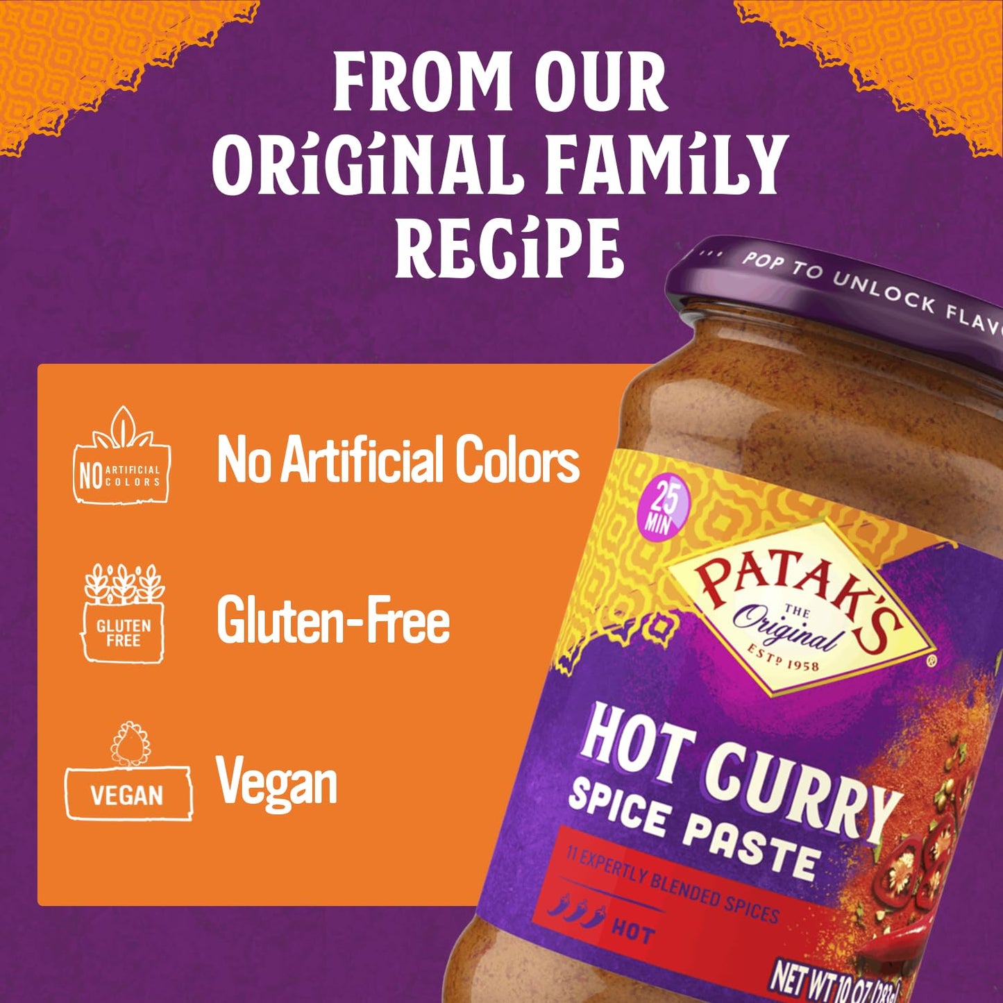 Patak’s Hot Curry Spice Paste - Hot Indian Cooking Paste with Freshly Ground Spices - Ideal for Chicken, Vegetables, and One-Pot Meals - Spicy Curry