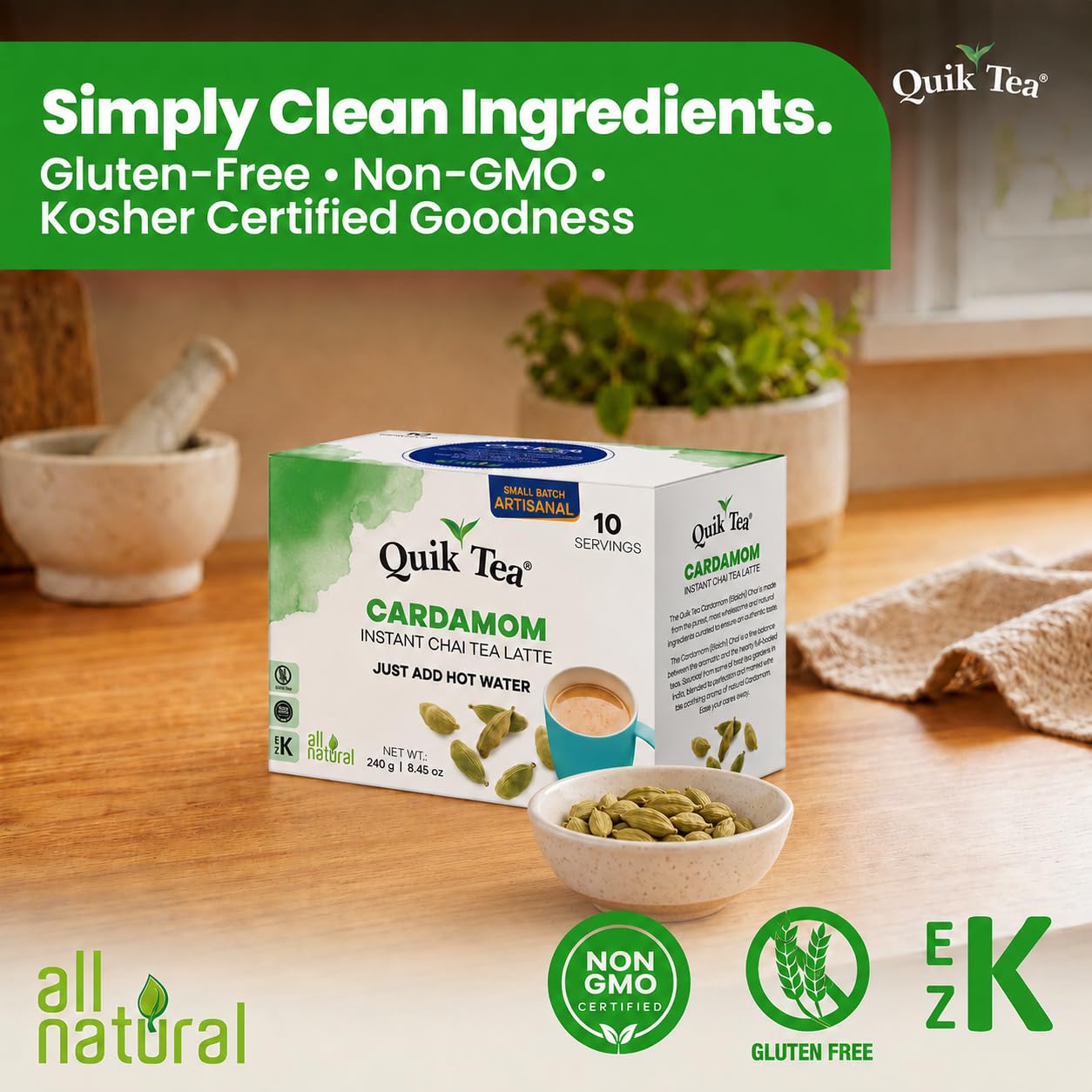 QuikTea Instant Cardamom Chai Tea Latte, 10 Single-Serve Sachets, Artisanal Indian Chai Latte Mix, Just Add Hot Water, Low Caffeine, Non-GMO, Gluten
