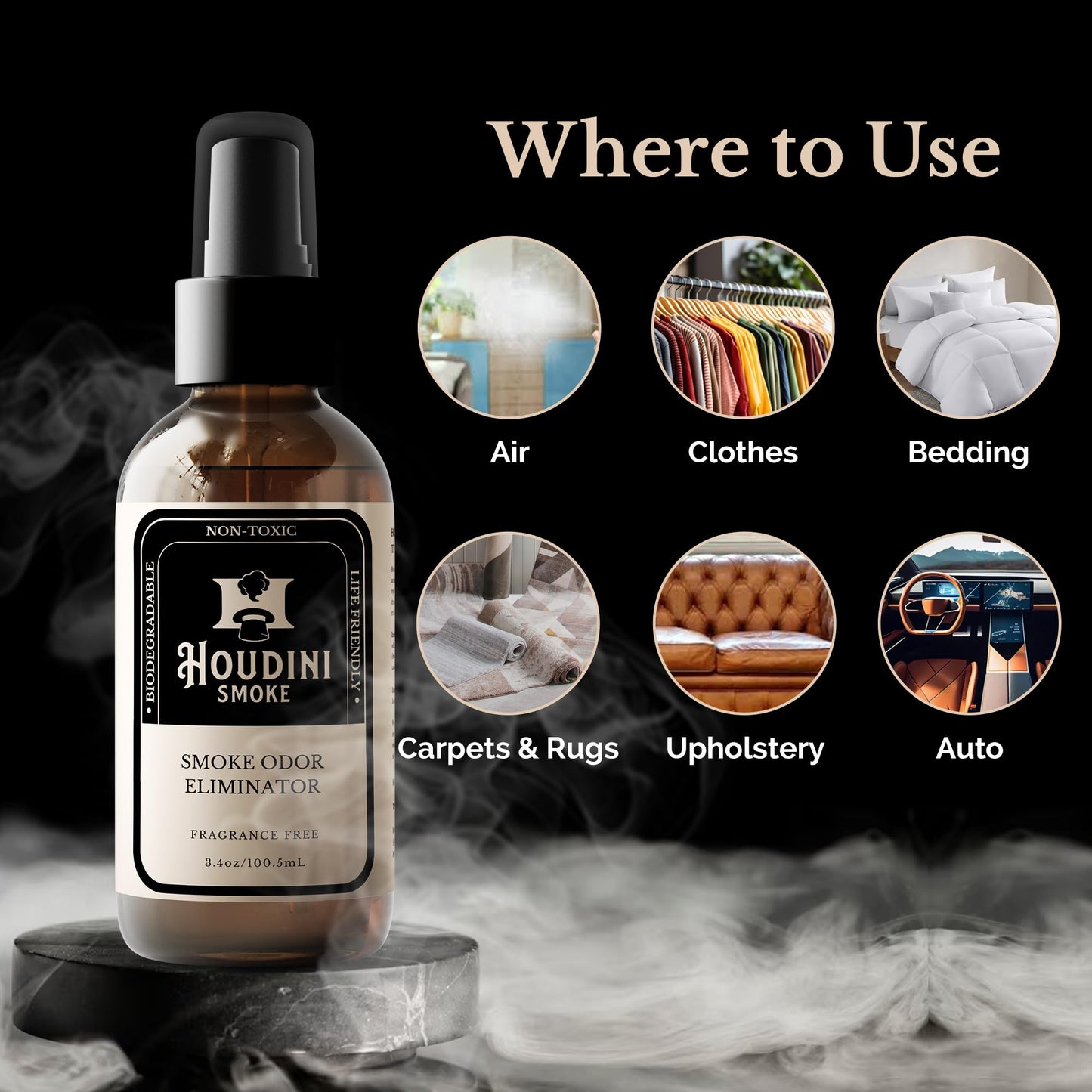 Houdini Smoke Odor Eliminator for Home and Car - Long-Lasting Odor Eliminator Spray, Room Deodorizer, Car Odor Eliminator, Powerful Neutralizer