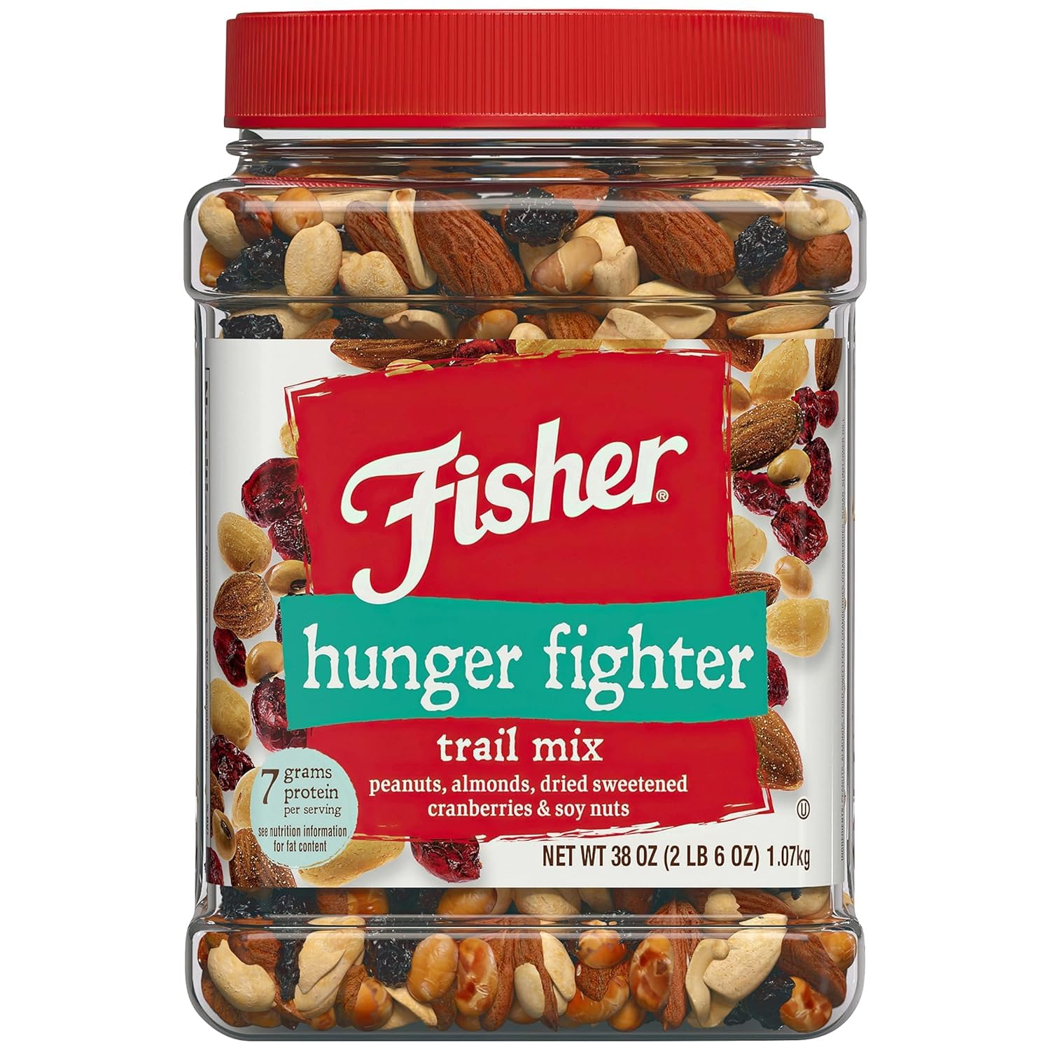 Fisher Snack Hunger Fighter Bulk Trail Mix, 38 oz (Pack of 1), Peanuts, Almonds, Dried Sweetened Cranberries and Soy Nuts, Snacks for Adults and Kids