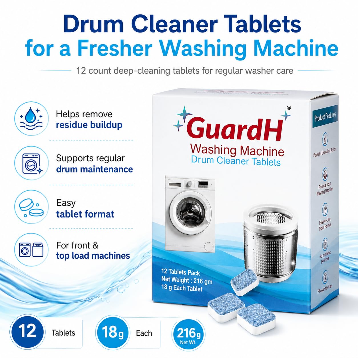 GuardH Washing Machine Drum Cleaner Tablets 12 Count 216g Deep Cleaning and Descaling Tablets for HE and Standard Washers Removes Residue Odor