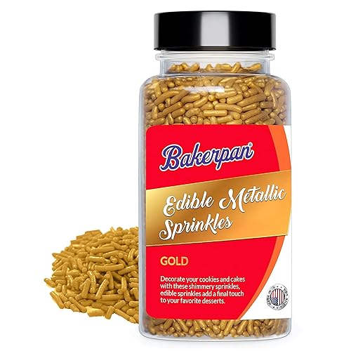 Bakerpan Gold Sprinkles Edible for Cupcakes, Gold Jimmies Sprinkles for Cake Decorating - 4.3 Ounces (Made in USA)