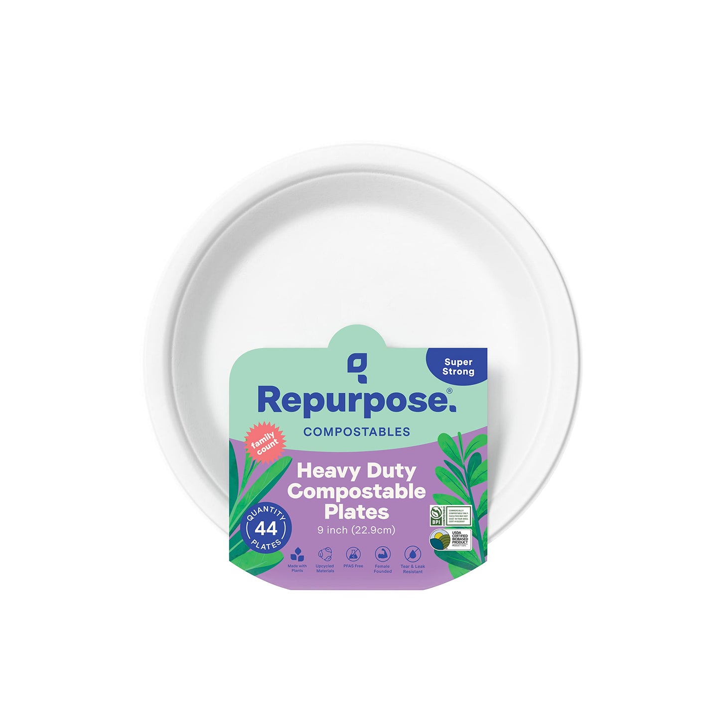 Repurpose 9 Inch Compostable Plates, Heavy Duty Paper Plates Microwave Safe, Plant-Based Paper Plate Alternative, White, 44 Count, 1 Pack