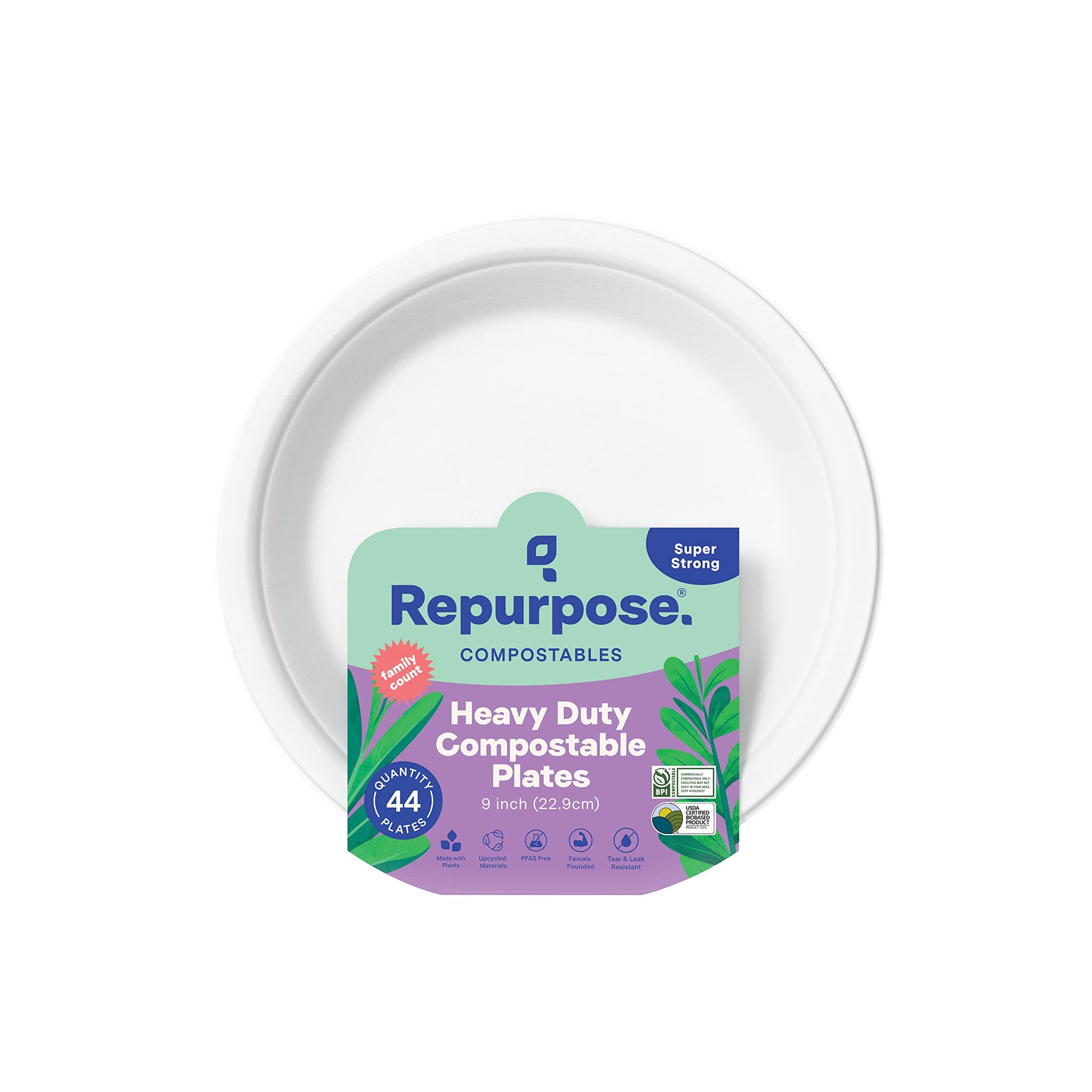 Repurpose 9 Inch Compostable Plates, Heavy Duty Paper Plates Microwave Safe, Plant-Based Paper Plate Alternative, White, 44 Count, 1 Pack
