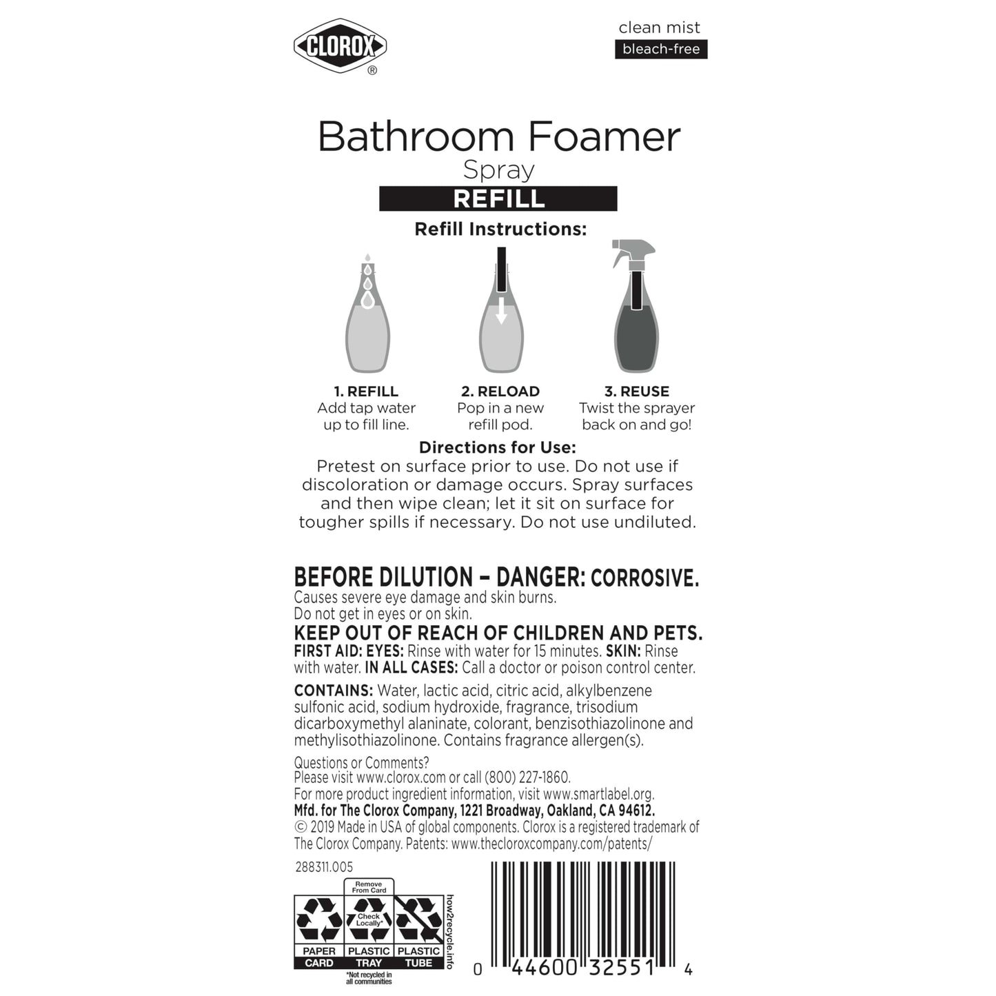 Clorox Bathroom Foamer Refill Cartridge Bathroom Foamer Reusable Spray Bottle, Household Essentials, Two Refill Cartridges, 0.66 Ounces (Package May