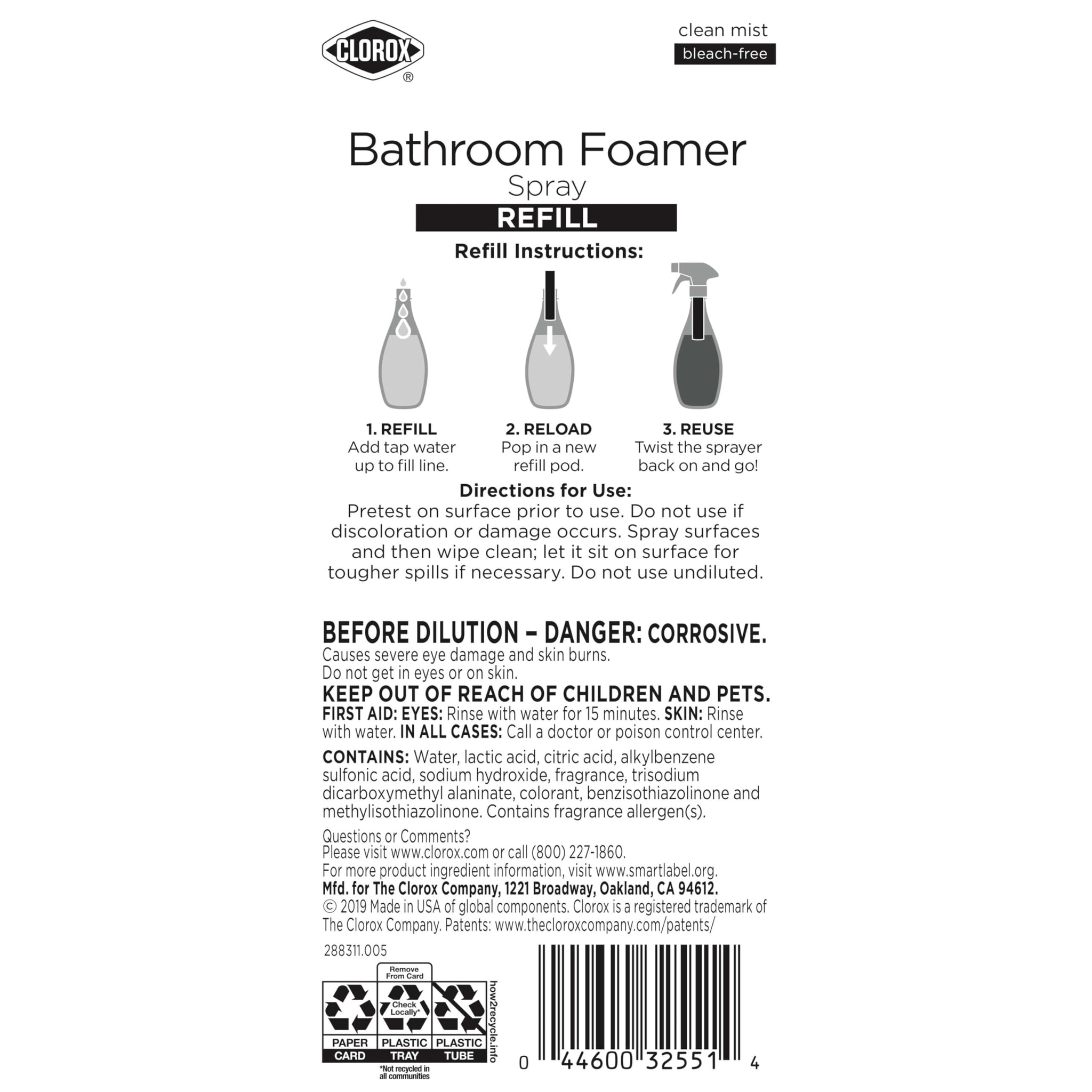Clorox Bathroom Foamer Refill Cartridge Bathroom Foamer Reusable Spray Bottle, Household Essentials, Two Refill Cartridges, 0.66 Ounces (Package May