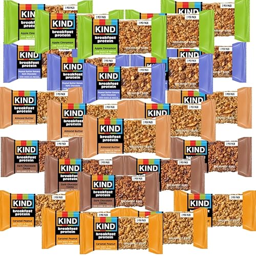 KIND Breakfast Protein Bars Variety Pack - 40 Count (20 Packs, 2 Bars Each) - Dark Chocolate Cocoa, Apple Cinnamon, Caramel Peanut, Peanut Butter