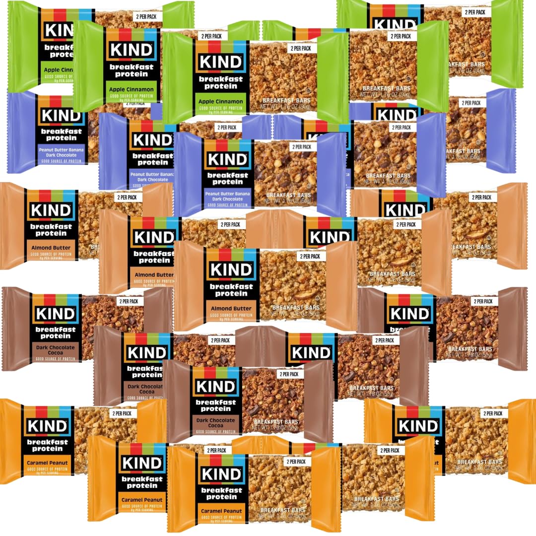 KIND Breakfast Protein Bars Variety Pack - 40 Count (20 Packs, 2 Bars Each) - Dark Chocolate Cocoa, Apple Cinnamon, Caramel Peanut, Peanut Butter
