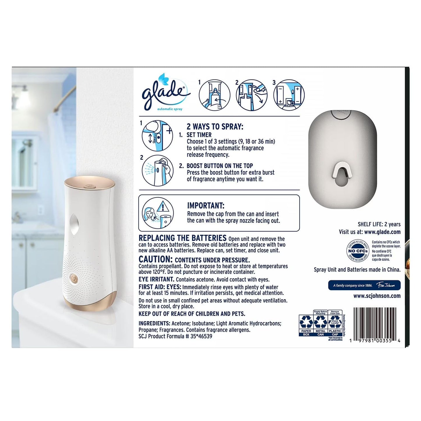 Glade Automatic Spray Starter Kit, Bourbon & Citrus Scent, 1 Holder + 3 Refills (6.2 oz Each), Adjustable Freshness