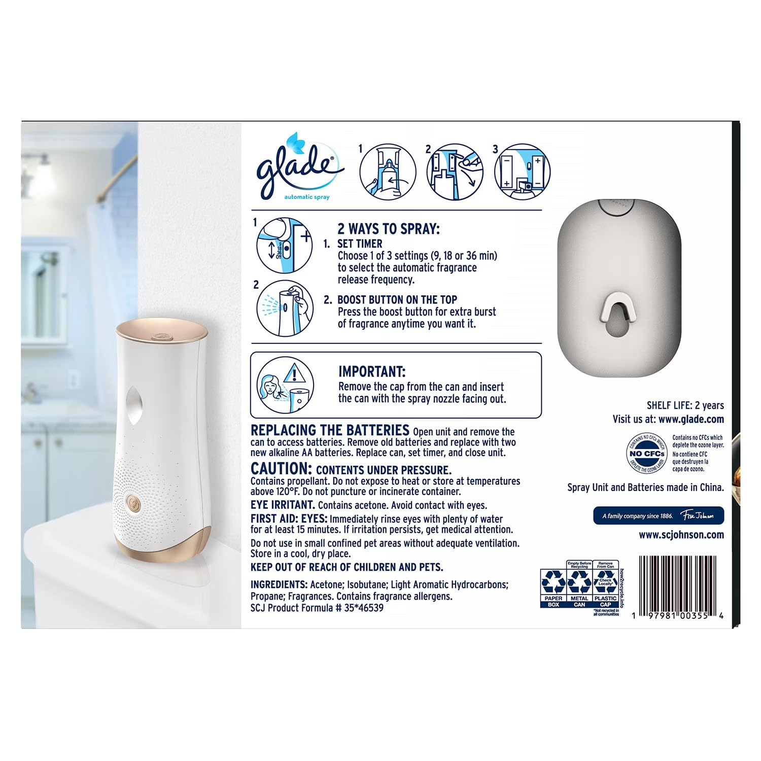 Glade Automatic Spray Starter Kit, Bourbon & Citrus Scent, 1 Holder + 3 Refills (6.2 oz Each), Adjustable Freshness