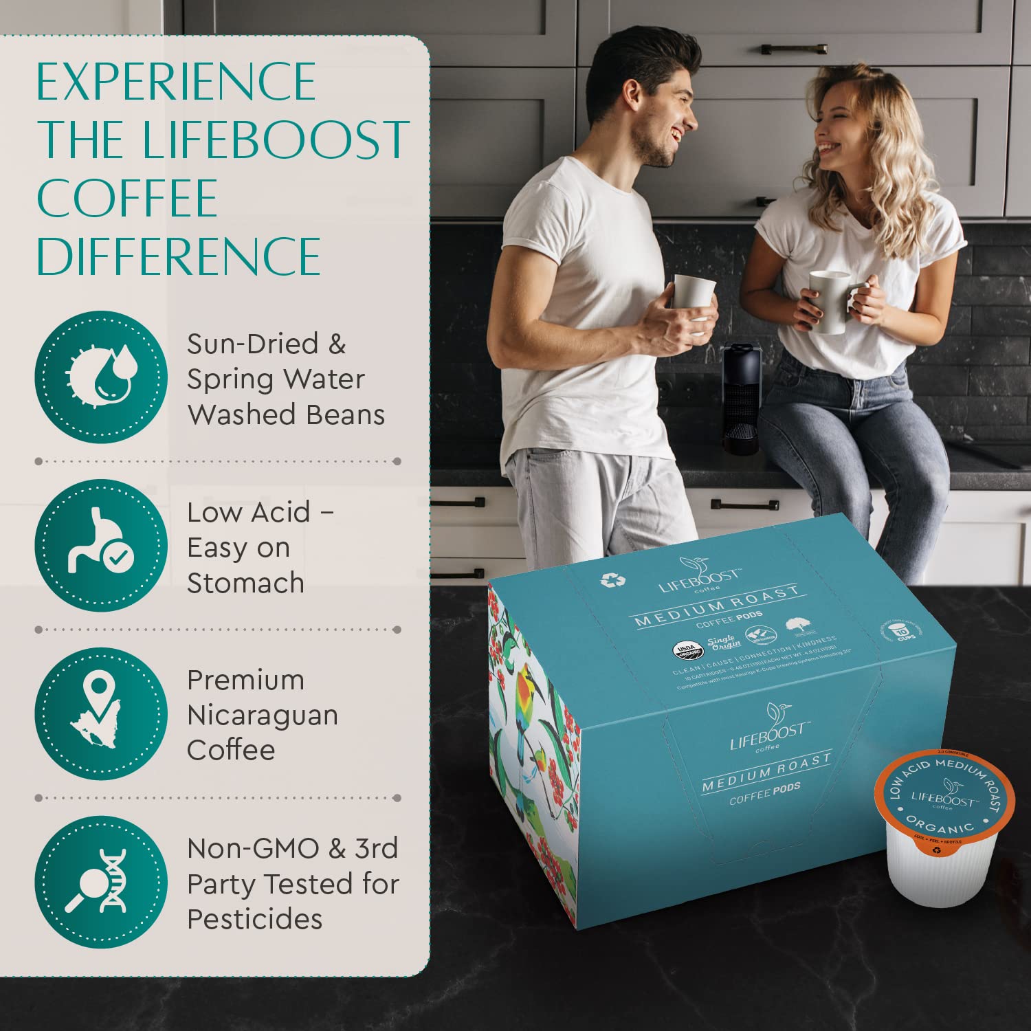 Lifeboost Medium Roast Low Acid Coffee K Cups - Single Origin Mold Free Non-GMO Organic Coffee Pods - Compatible with Keurig & Keurig 2 Machines - 10
