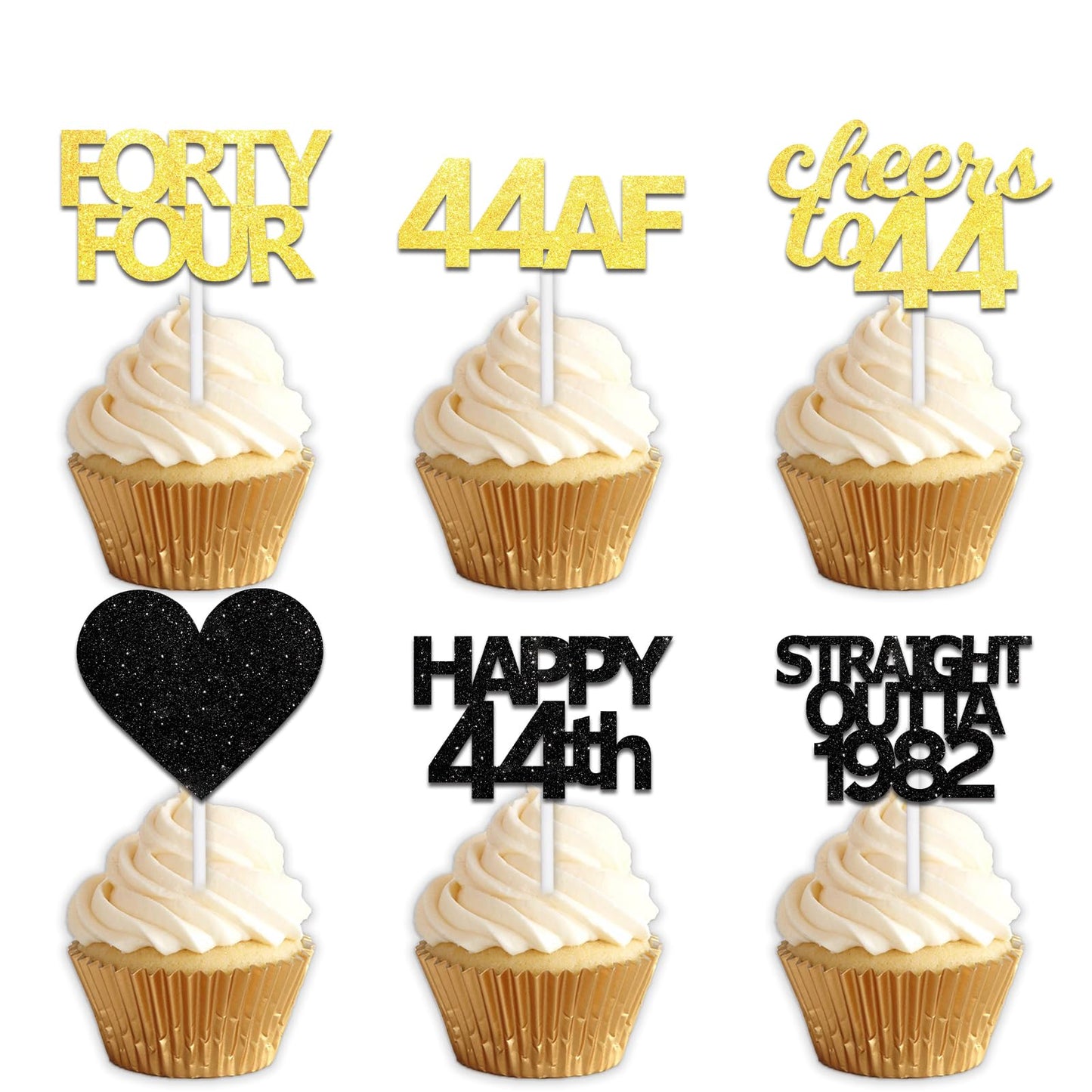 18pcs Black Gold Glitter Dessert Cupcake Pick for Straight Outta 1982 Cheer to 44 Years Old Theme Decor Supplies Happy 44th Birthday Party Decoration