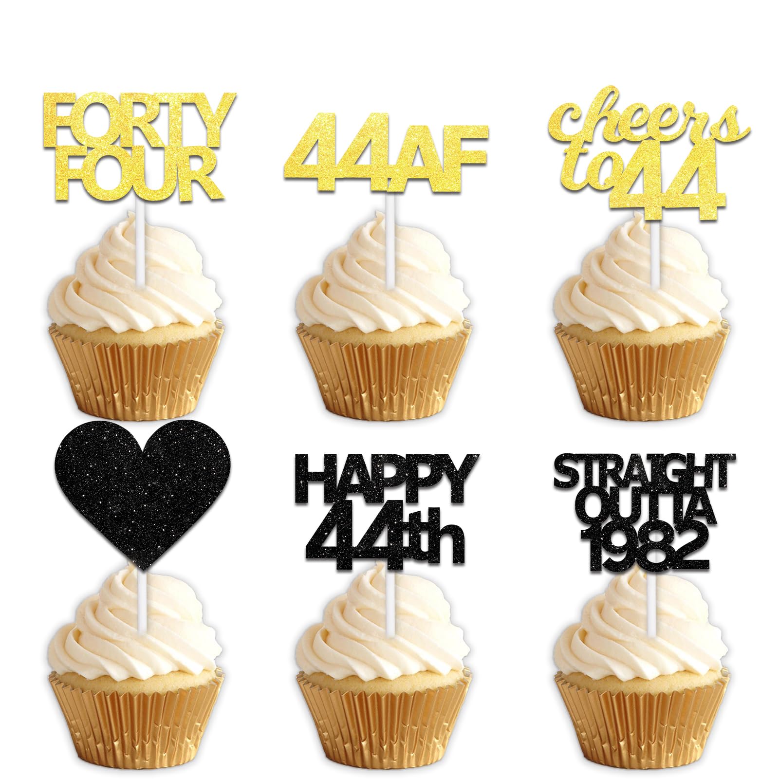18pcs Black Gold Glitter Dessert Cupcake Pick for Straight Outta 1982 Cheer to 44 Years Old Theme Decor Supplies Happy 44th Birthday Party Decoration