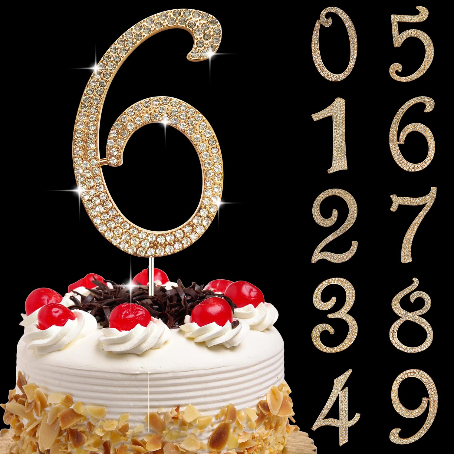 Large Number 6 Birthday Cake Topper, Gold Bling Rhinestone Happy 6th Birthday Cake Topper, No 1 10 16 18 21 30 40 50 60 70 80 Cake Toppers