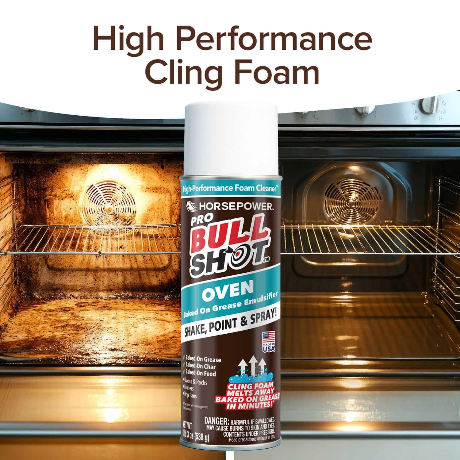 Bull Shot Oven Pro, AS SEEN ON TV, Cling Foam Melts Away Baked-On Grease, Char & Food In Minutes, Professional Strength, Shake, Point & Spray, Made in