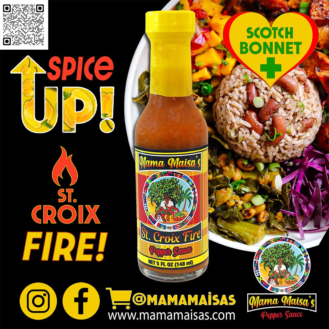 Mama Maisa’s St. Croix Fire Scotch Bonnet Pepper Sauce, 15 fl oz - Authentic Caribbean Hot Sauce with Curry, Mustard & Garlic - Gourmet Island Pepper