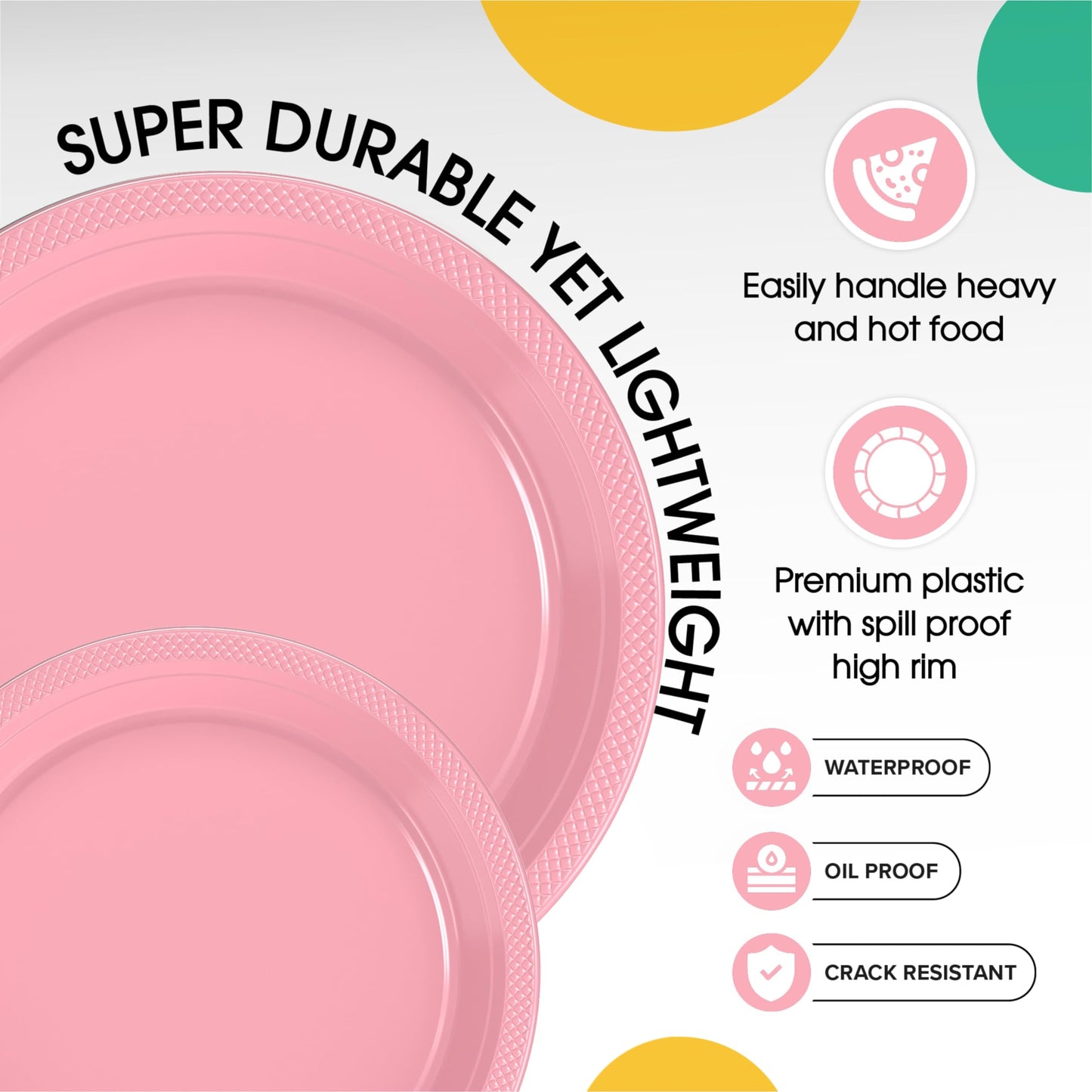 Party Solids Pink Plates Disposable Pink Plastic Plates 100 Pieces - 50-7" & 50-9" Heavy Duty 350 GSM Disposable Dinnerware Sets, Plastic Dinnerware