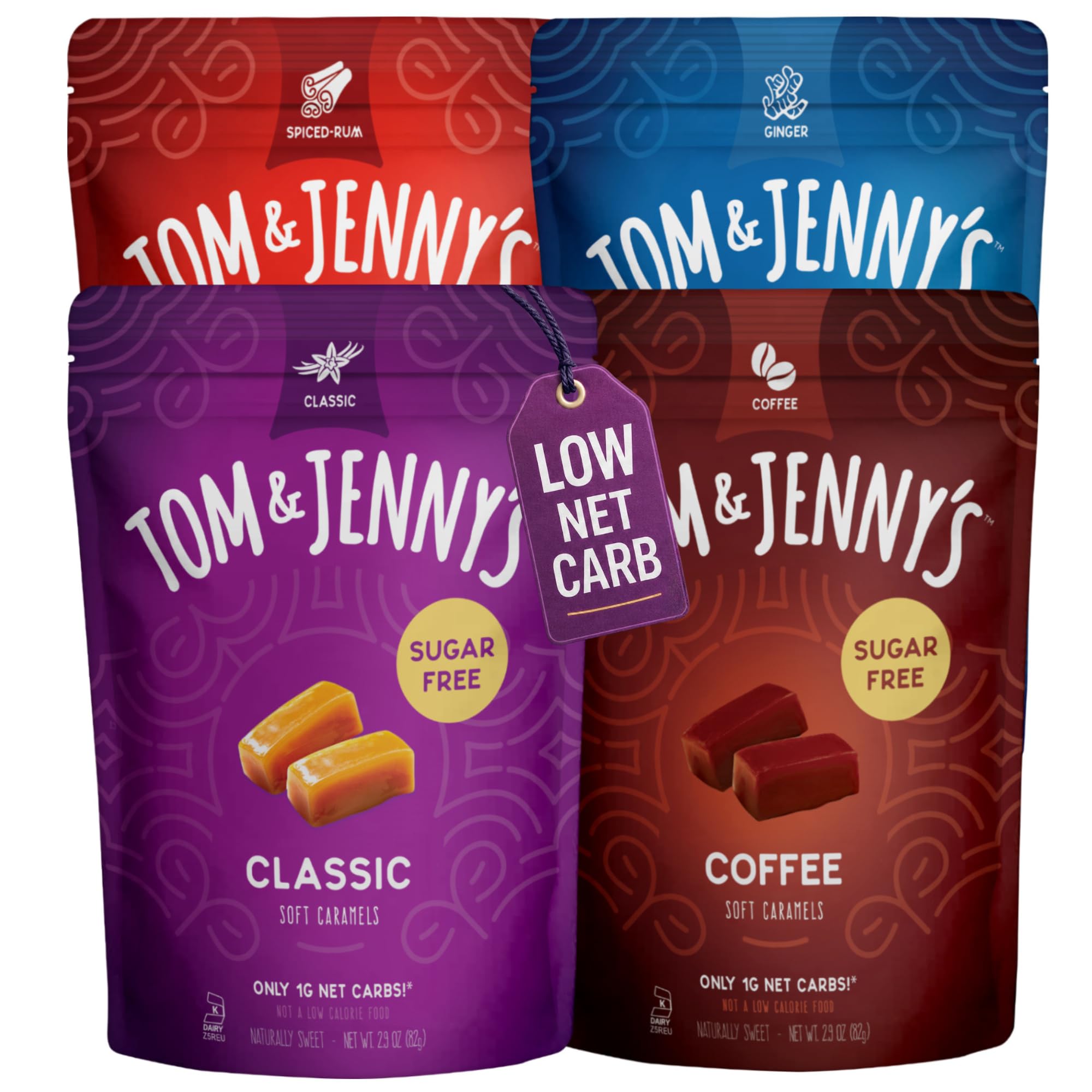 Tom & Jenny's Sugar Free Candy (Soft Caramel) with Sea Salt and Vanilla - Low Net Carb Keto Candy - with Allulose and Maltitol - (Flavor Variety Pack