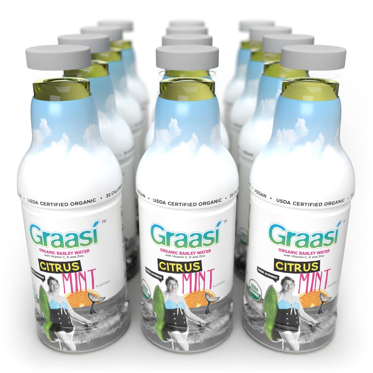 Graasi Organic Barley Grass Water | Hydration Drink with Vitamin C, D, Zinc | USDA Organic, Non-GMO, Vegan | Low-Calorie Wellness Beverage | Citrus