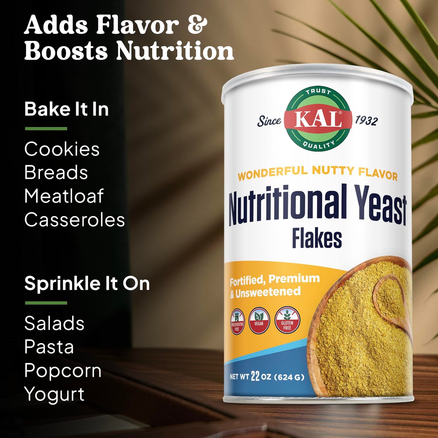 KAL Nutritional Yeast Flakes, Fortified with B12, Folic Acid & Other B Vitamins, Unsweetened, Great Nutty Flavor, Vegan & Gluten Free, 60-Day Money
