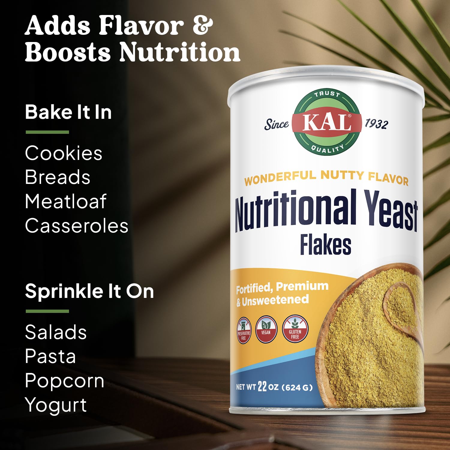 KAL Nutritional Yeast Flakes, Fortified with B12, Folic Acid & Other B Vitamins, Unsweetened, Great Nutty Flavor, Vegan & Gluten Free, 60-Day Money