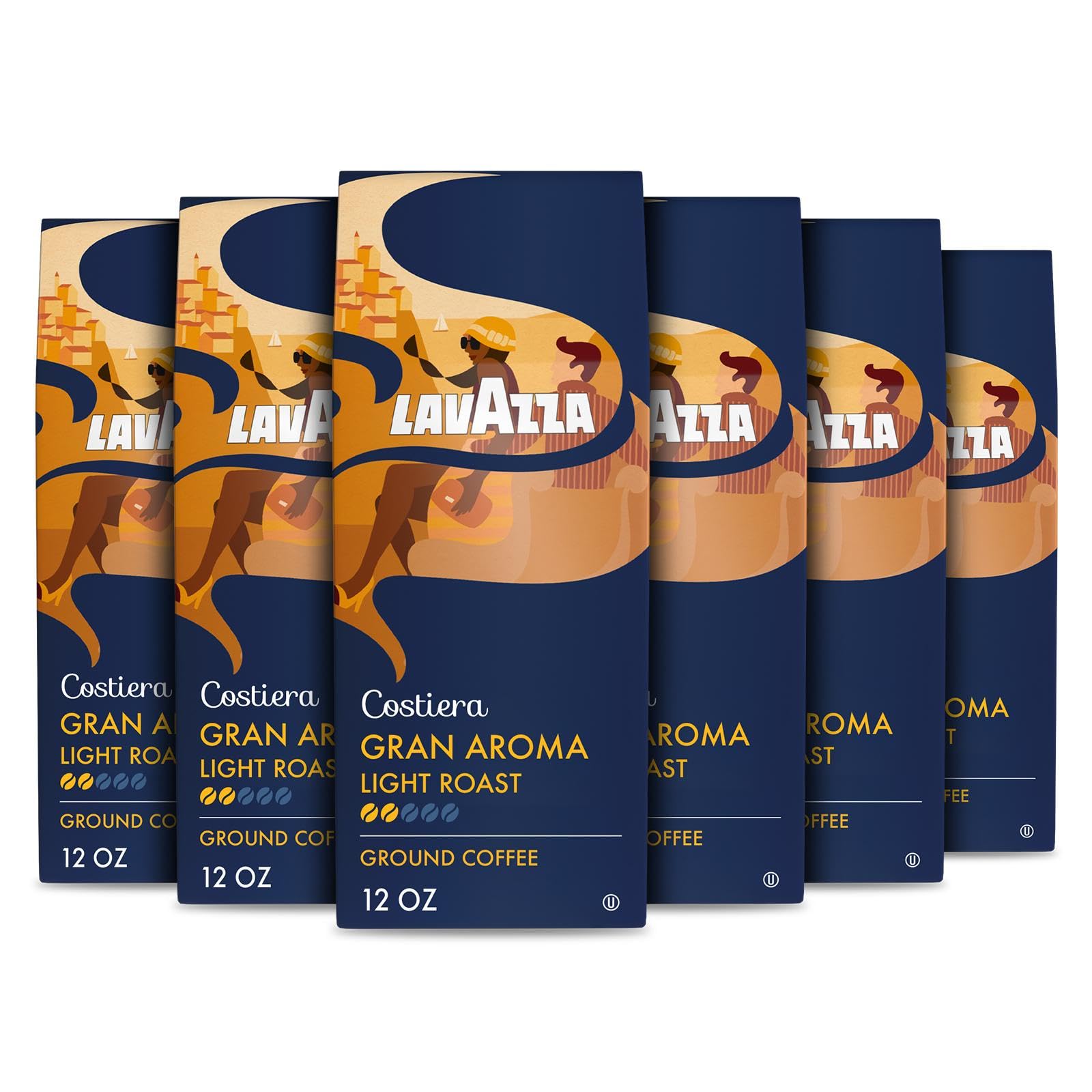 Lavazza Costiera Gran Aroma Ground Coffee 6 Bags of 12oz, Light Roast, Smooth and Aromatic Taste, Intensity 2/5, 100% Arabica, Ideal for Drip Brewers
