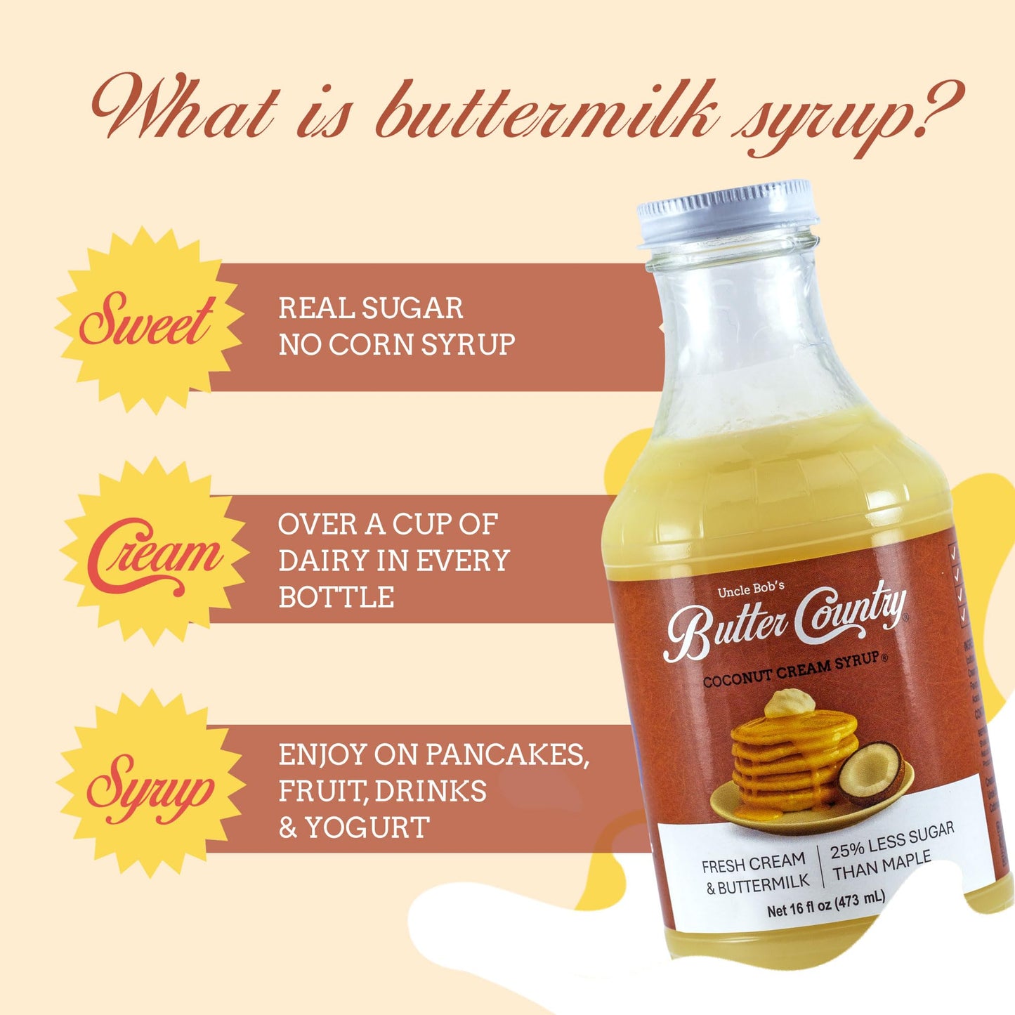 Uncle Bob's Butter Country Rich & Creamy Coconut Syrup for Pancakes and Waffles, Less Sugar, No Corn Syrup, Gluten Free, Made without Artificial Flavors, 16 fl oz Bottle