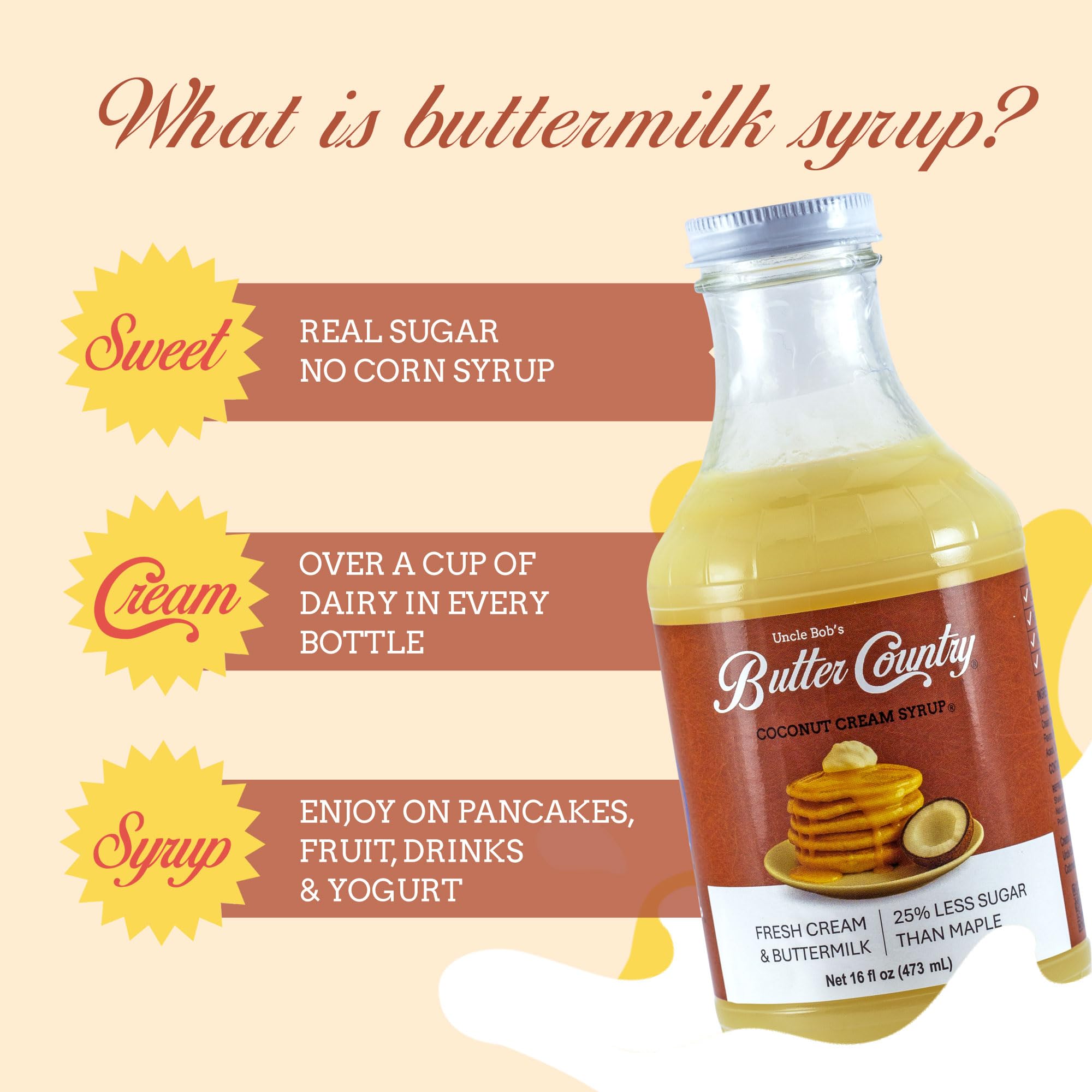 Uncle Bob's Butter Country Rich & Creamy Coconut Syrup for Pancakes and Waffles, Less Sugar, No Corn Syrup, Gluten Free, Made without Artificial Flavors, 16 fl oz Bottle