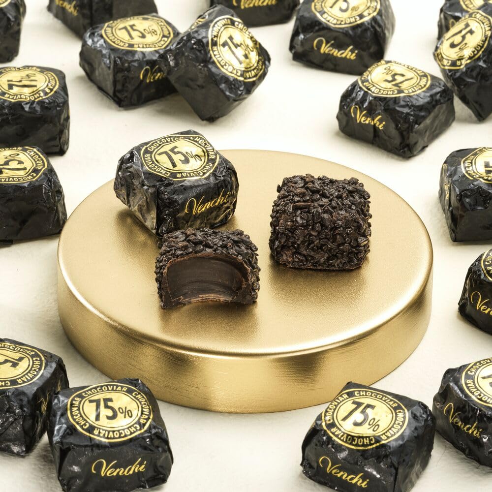 Venchi Chocoviar 75% Dark Chocolate 15-Piece Elegant Gift Box - Creamy Dark Chocolate Filling with Extra Virgin Olive Oil, 75% Cocoa Heart Shell & 75%