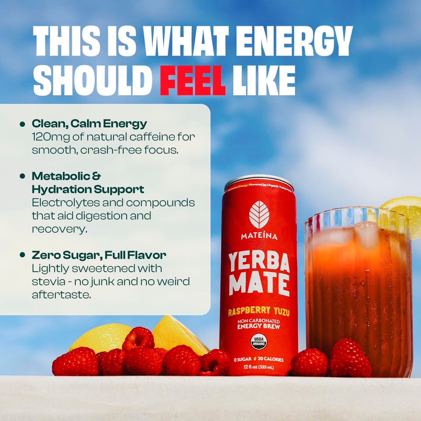 Mateina Organic Raspberry Yuzu Yerba Mate, 12 FZ
