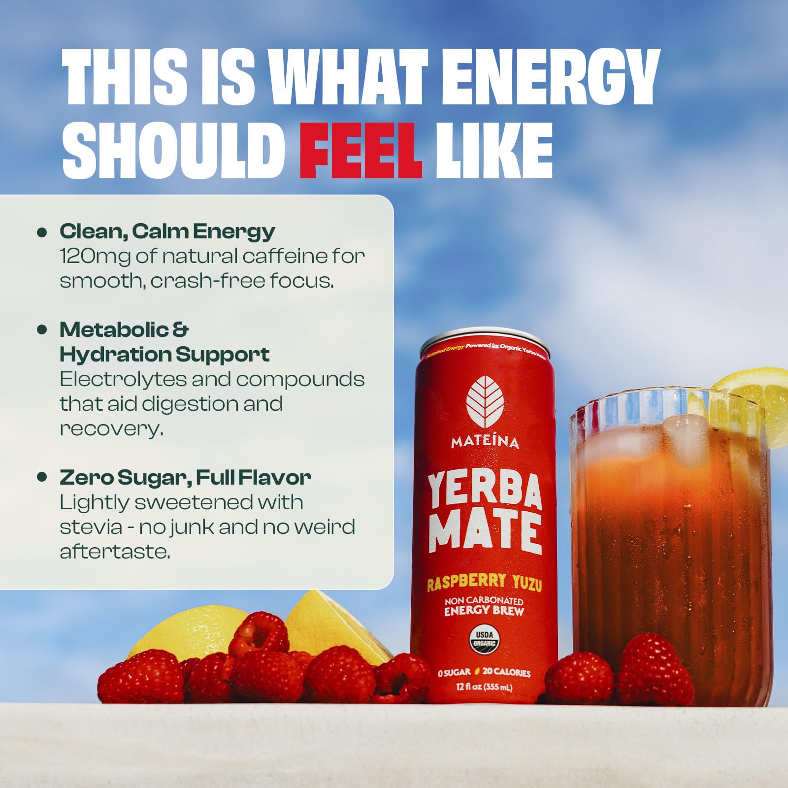 Mateina Yerba Mate Zero Sugar Energy Drink - 120mg Natural Caffeine - Organic, Non-GMO, Non-Carbonated - Dr. Andrew Huberman Recommended - (12 fl oz