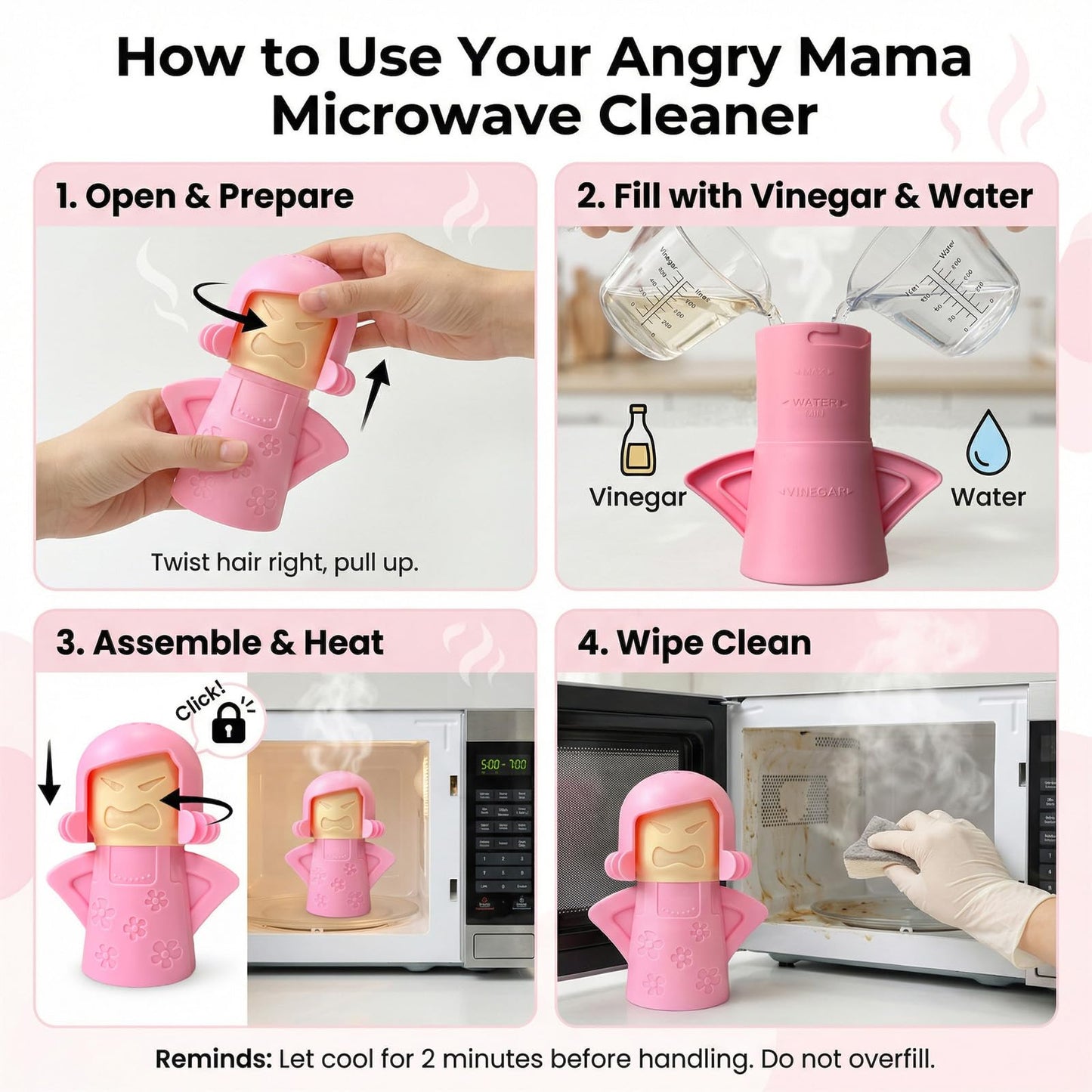 Aivwis Angry Mama Microwave Oven Steam Cleaner, Angry Mom Microwave Cleaner, Just Add Vinegar and Water, Cut Cleaning Time by Half (Pink)
