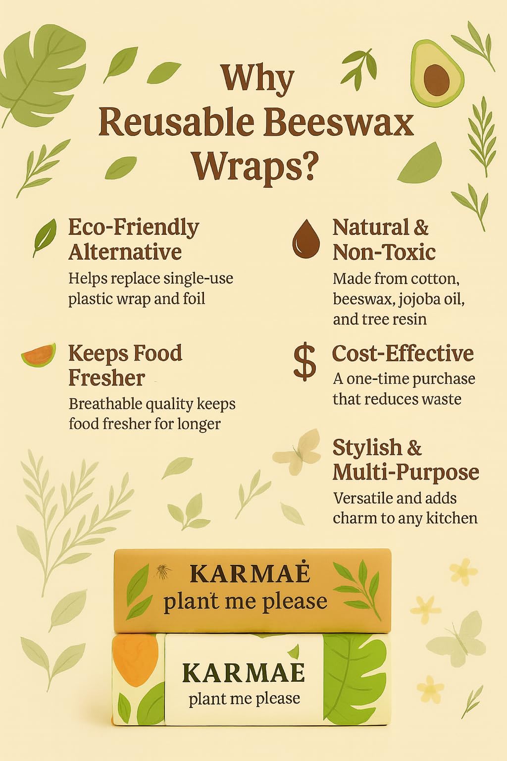 KARMAÉ Reusable Beeswax Food Wraps - 3 Pack & Roll (16.9"-39") | Sustainable Eco-Friendly Wraps for Food Storage | Natural Beeswax Wraps with Seed