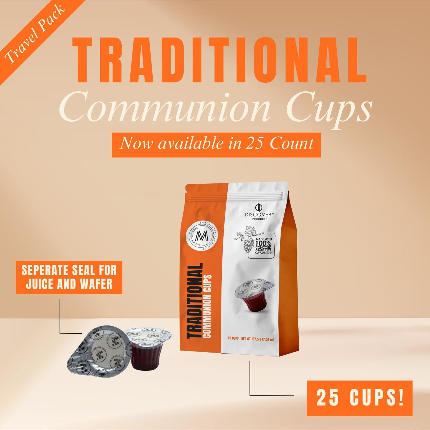 Travel Pack - Pre-Filled Traditional Communion Cup - Bag of 25 with Wafer and 100% Concord Grape Juice